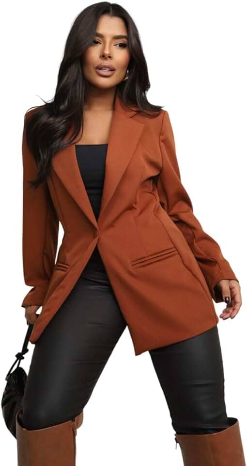 Blazer Feminino Alfaiataria Alongado Social Terninho (BR, Alfa, M, Regular, Regular, Caramelo)