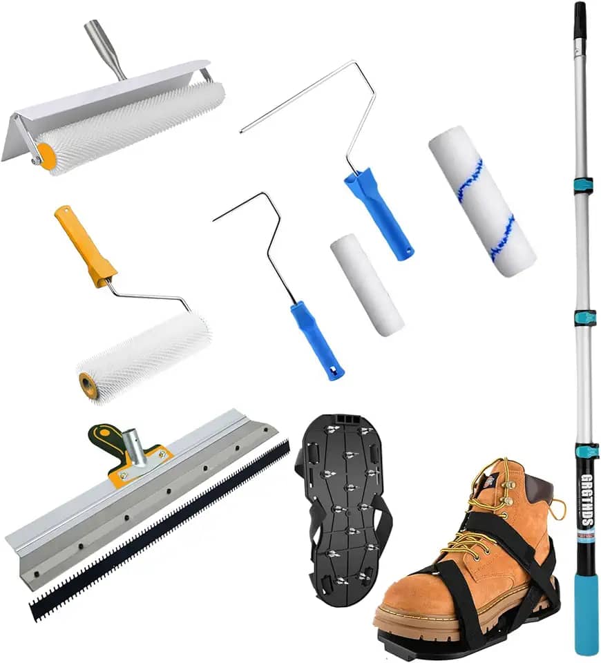 Kit de ferramentas de cimento autonivelante, ancinho autonivelante, sapatos pontiagudos para piso epóxi, rolo cravado para autonivelamento, poste telescópico