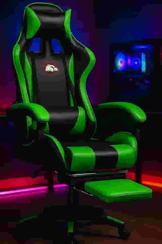 Cadeira Gamer Ergonômica com Apoio para os Pés, Reclinável, Moldada, com Almofadas para Pesçoco e Lombar (Preto Verde)