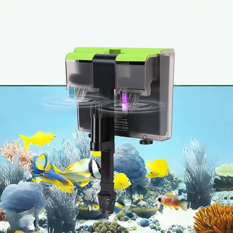 Filtro Duplo Suspenso para Aquário com 2 Placas Filtrantes de Carvão Ativado e 2 Esponjas Filtrantes, com Função de Esterilização por UV, com Fluxo Ajustável de 650 Litros por Hora, 220V