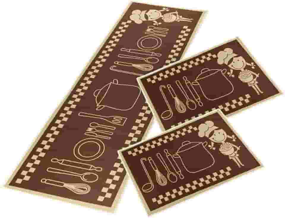 Tapete Jogo Cozinha Passadeira 3 Peças Antiderrapante Emborrachado Macio Comprido Cozinheira Marrom