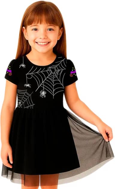 Vestido Infantil Temático Halloween Fantasia Teia de Aranha