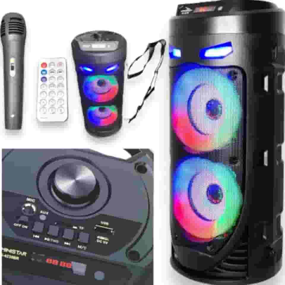 Caixa de Som Bluetooth Portátil, Alto-Falante Amplificado com LED RGB, 40cm, Microfone, Controle Remoto, Rádio FM, TWS, USB, Bateria 1500mAh