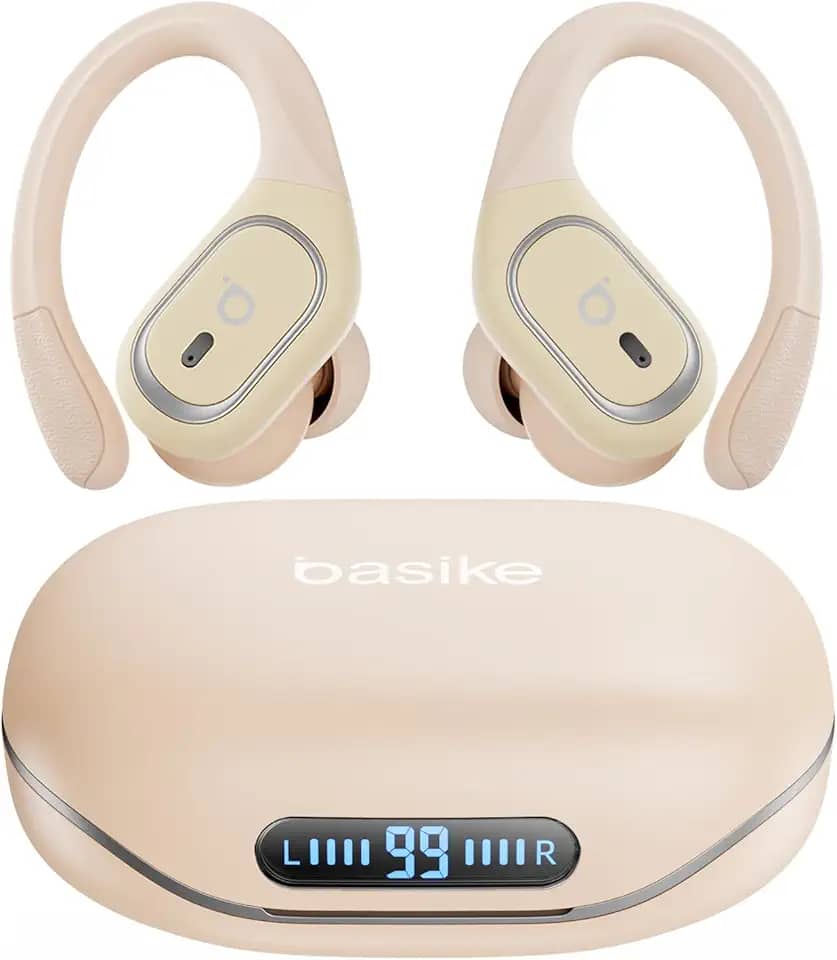 Basike Fone de Ouvido Bluetooth Esportivo TWS 6.0, Som Hi-Fi Estéreo, Intra-Auricular, IPX5 à Prova d’Água, 3 Tamanhos de Pontas para Atividades ao Ar Livre – Bege Claro