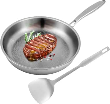 Frigideira de titânio martelado de 26 cm, frigideira de titânio para cozinhar, aquece rapidamente cozinha uniformemente, panela martelada de titânio puro antiaderente com espátula, compatível com