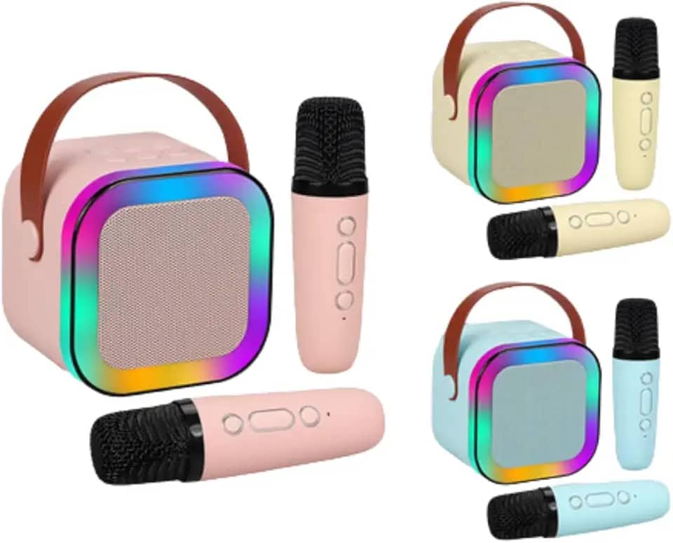 Caixinha de Som de 1 ou 2 Microfone Karaoke Portátil Infantil com Caixa de Som Bluetooth, Luzes LED Dinâmicas, 2 Microfones Sem Fio, Ideal para Festas, Crianças e Adultos (Bege, 2 Microfones)
