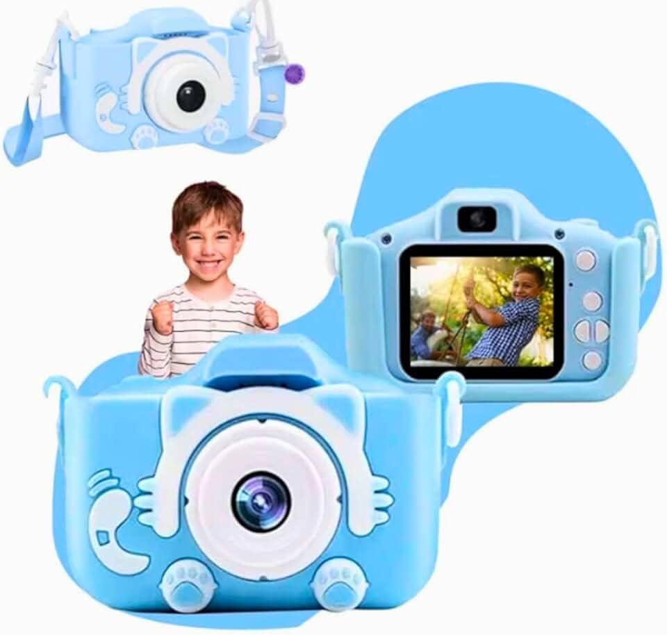 Câmera Infantil HD para Meninos e Meninas – Fotos e Vídeos, Tela LCD 2”, Jogos, Filtros e Bateria Recarregável - Azul