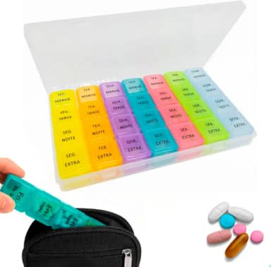 Porta Comprimidos Organizador de Medicamentos Semanal, 7 Dias, 4 Compartimentos Diários, Estojo Portátil de Acrílico - Manhã, Tarde, Noite e Adicional, com Nicho Diário Removível