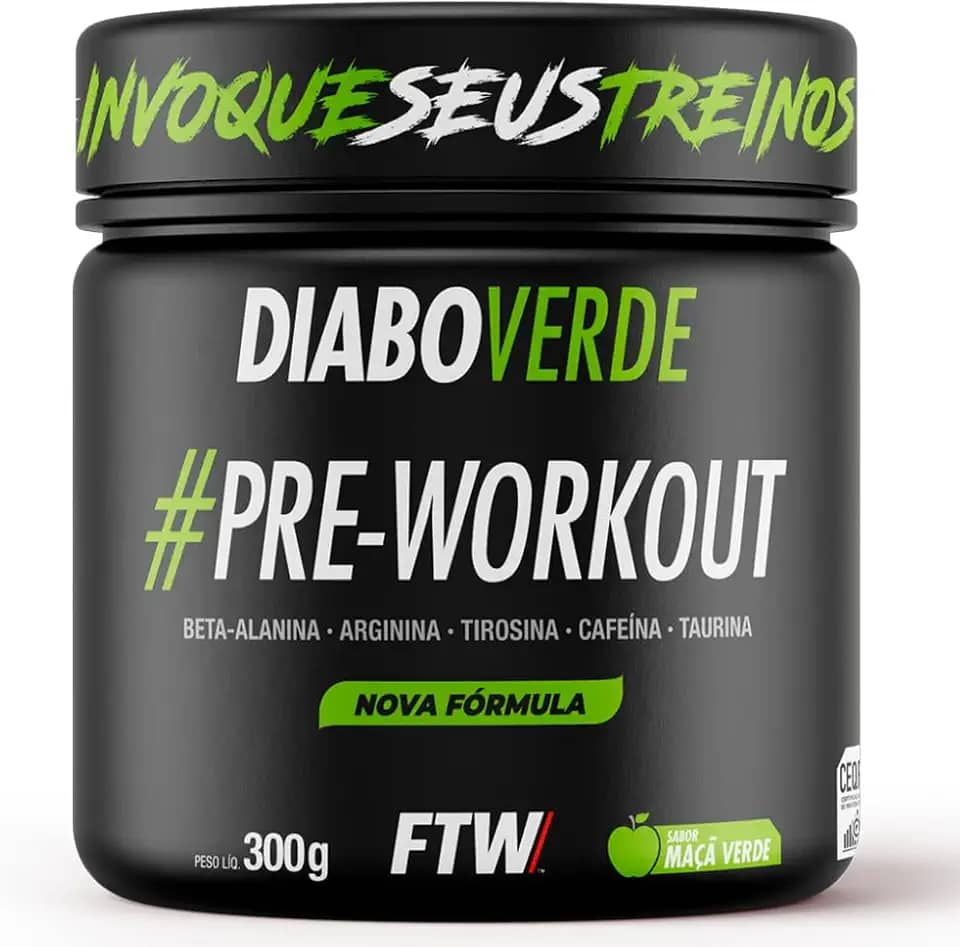 FTW Pré-Treino Diabo Verde em Pó com Cafeína, Aminoácidos Beta‑Alanina e Arginina para Treinos e Atividades Físicas - Pote 300 g (Maça Verde)