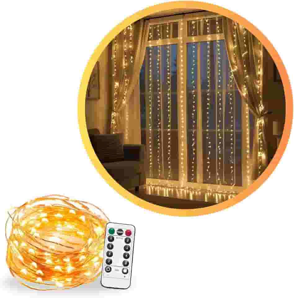Cortina de LED 3x3m 300 Leds Pisca Pisca Fio de Fada Decoração de Natal Ano Novo Casamento Festas e Eventos Especiais Controle Remoto 8 Modos Fio de Cobre Quarto Varandas Janela Conector USB Bivolt