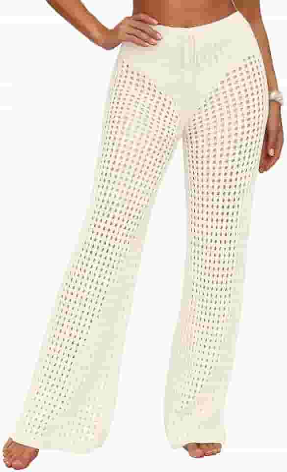 Saída De Praia Calça Tricot Crochê Pantalona Alto Verão Cintura Alta Moda Feminina
