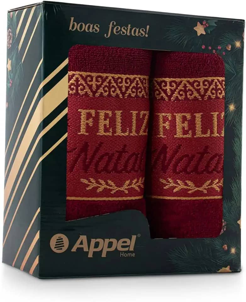 JOGO DE TOALHAS 2 PEÇAS BORDÔ - FELIZ NATAL - (BANHO E ROSTO) - CAIXA PRESENTE