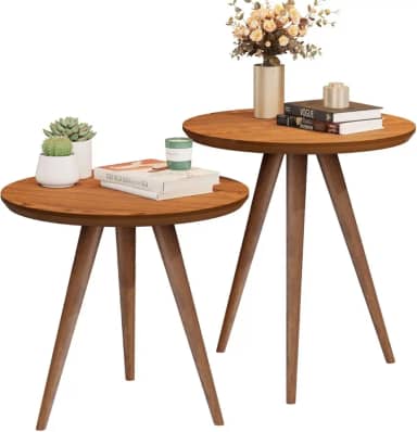 Mesa de Canto e Apoio Redonda Pés Palito em Madeira Modelo Retro Decorativa Star Freijó