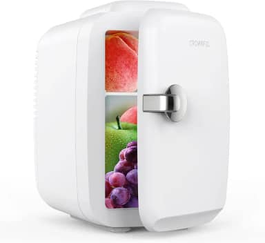 CROWNFUL Mini geladeira, 4 litros/6 latas refrigerador portátil e aquecedor pessoal para cuidados com a pele, cosméticos, bebidas, alimentos, ótimo para quarto, escritório, carro, branco, 120V