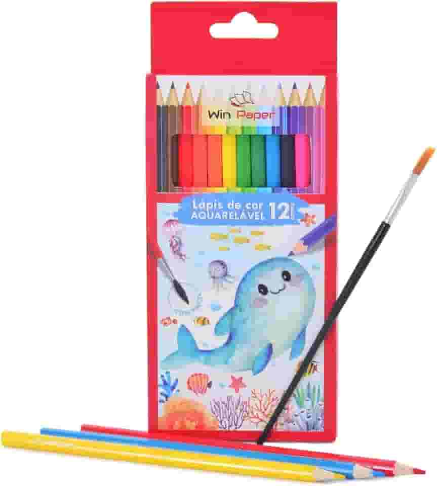 Kit Escolar Lápis de Cor Aquarelável Win Paper 12 Cores Triangular com Pincel – Cores Vivas, Maciez e Conforto para Crianças