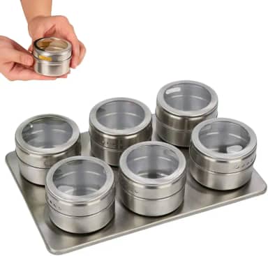 Porta Condimentos Temperos Magnético com Potes e Suporte Inox – Organizadores de Temperos com Visor, Ideal para Cozinha Moderna (Retangular 6 pcs)