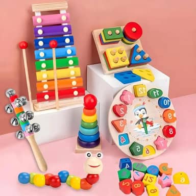 Conjunto de 6 peças, Brinquedo Sensorial, Brinquedo, Quatro conjuntos de colunas, Xilofone, Relógio digital de contas, Modelo, Sino de mão, Torre do Arco-Íris