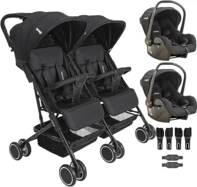 Carrinho Kiddo para Gemeos com 2 Bebe Conforto Mascote Preto