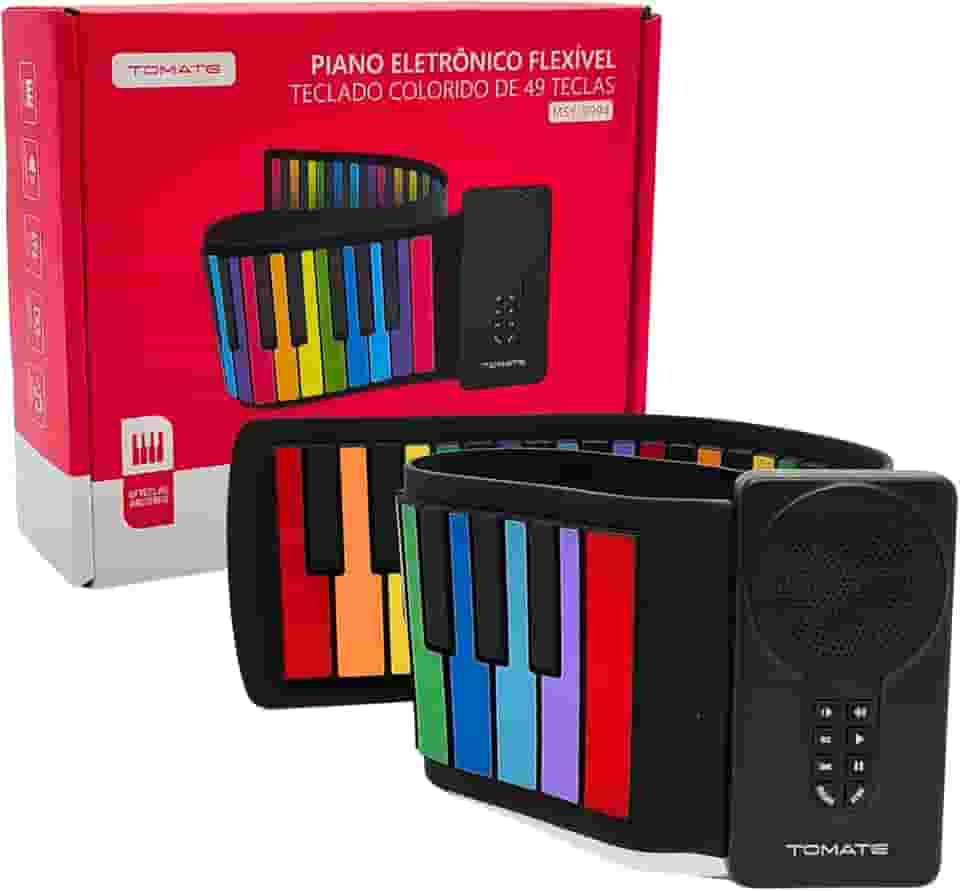 Teclado Musical Eletrônico Flexível Colorido 49 Teclas Sensível ao Toque, 7 Timbres e Músicas de Demonstração com Função de Gravação