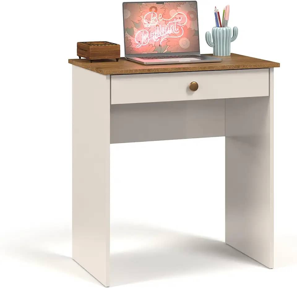 Escrivaninha para Quarto ou Escritório com 1 Gaveta Estilo - Off White/Freijó