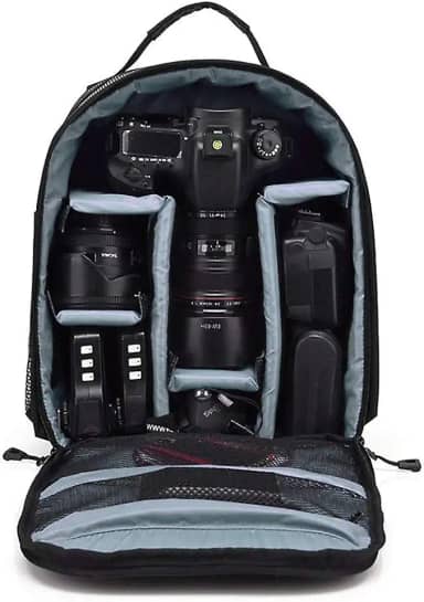 Mochila Fotográfica Impermeável Compacta para Câmeras DSLR e Mirrorless - Cor Preta e Cinza