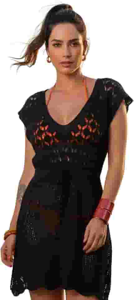 Saida de Praia Crochê Vestido Curta Tricot Rendado Cinturada Manga Curta Elegante Saida de Banho Piscina Canga Verão