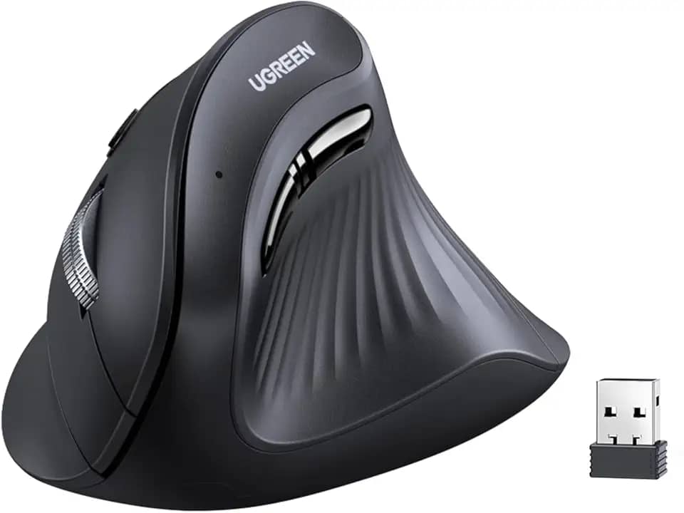 UGREEN Mouse vertical sem fio (Bluetooth 5.0 + 2.4G) Mouse ergonômico com 5 botões, 1000/16000/2000/4000 DPI, prevenção de braço do mouse, mouse vertical compatível com PC/laptop/tablet, preto
