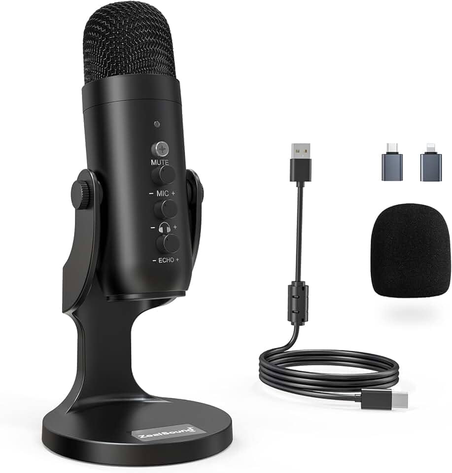 ZealSound USB Microfone, Condensador Computador PC Mic, Plug & Play Gaming Microfones para PS 4 & 5.Headphone Output & Volume Control, Mic Gain Control, Botão Mute para Vocal, YouTube Podcast (Preto)