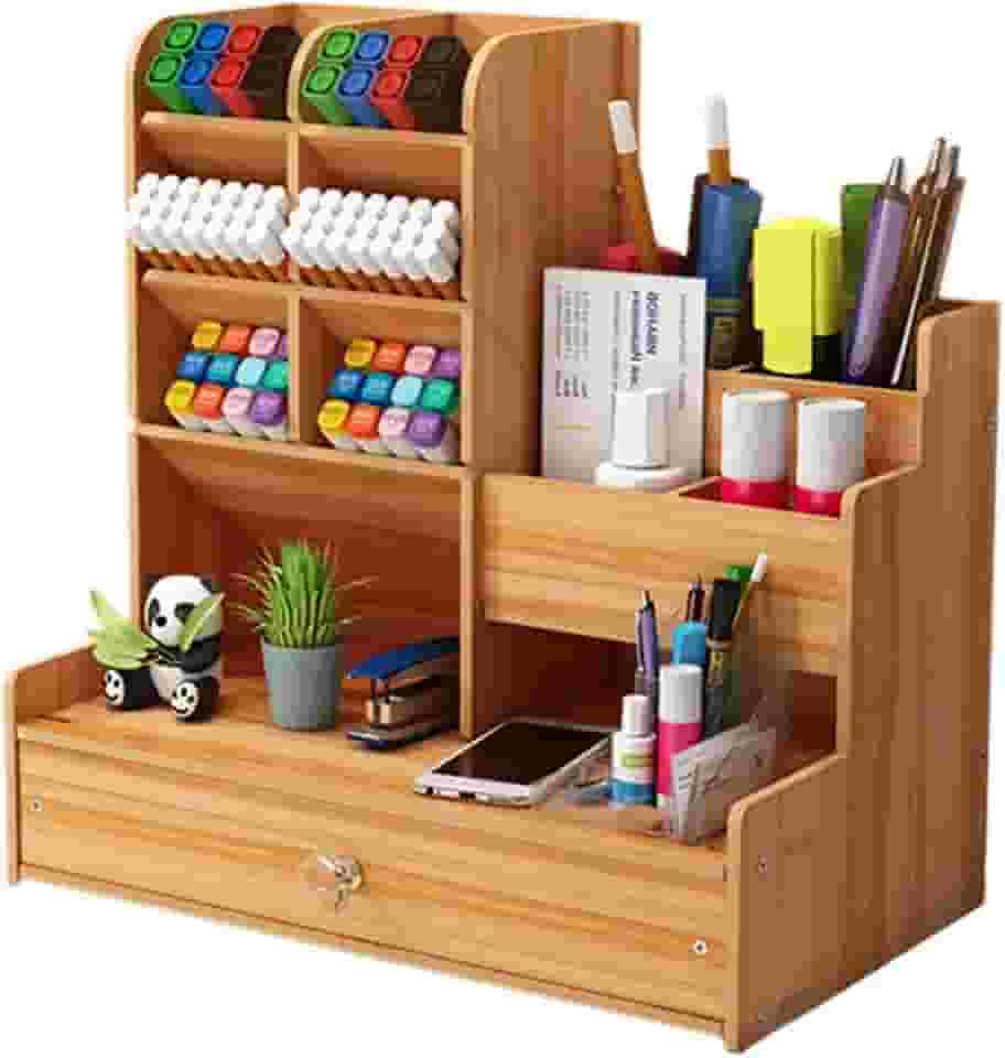 SZOMH Estante de mesa organizadora de madeira, suporte de armazenamento multicamadas para maquiagem, organizador de maquiagem, suporte de caneta