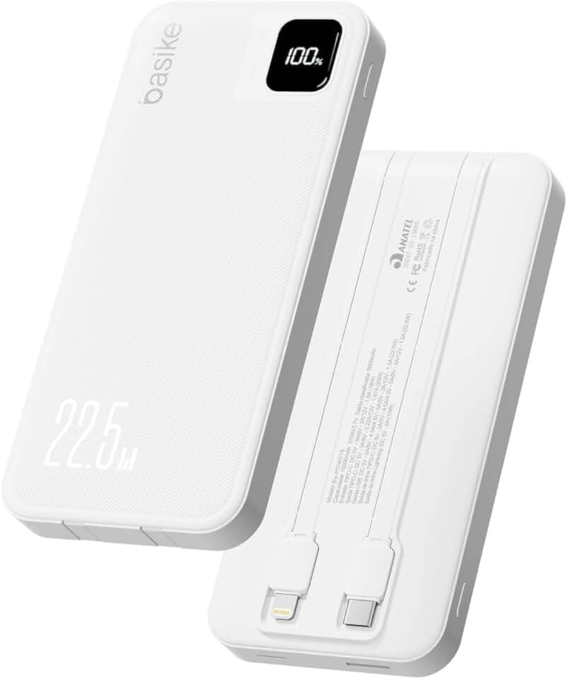 Basike Power Bank, Carregador Portátil Universal 10000mAh, USB-A(até 22.5W)+USB-C(até 20W), com 2 Cabos Integrados (USB-C, Lightning) Carregamento Rápido, Led Indicador de Bateria (Branco)
