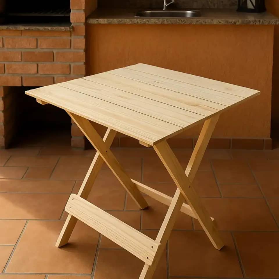 Mesa Dobrável Portatil Madeira Pinus Quadrada 60 Cm Churrasco Area Multiuso