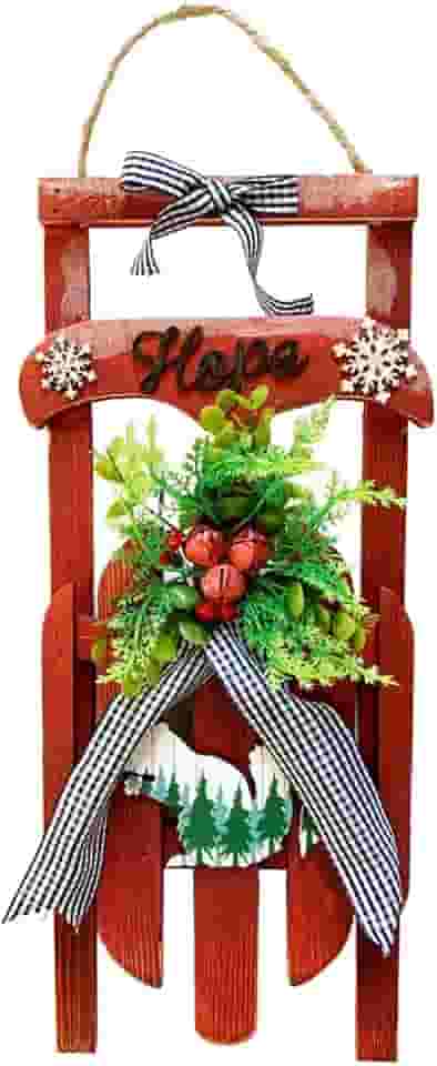 Decoração de parede Yumbor, vermelho, vintage, de madeira, trenó, decoração de parede, Feliz Natal, Natal, corda de juta, Papai Noel, trenó, decoração de centro de mesa de Natal (42 cm A)