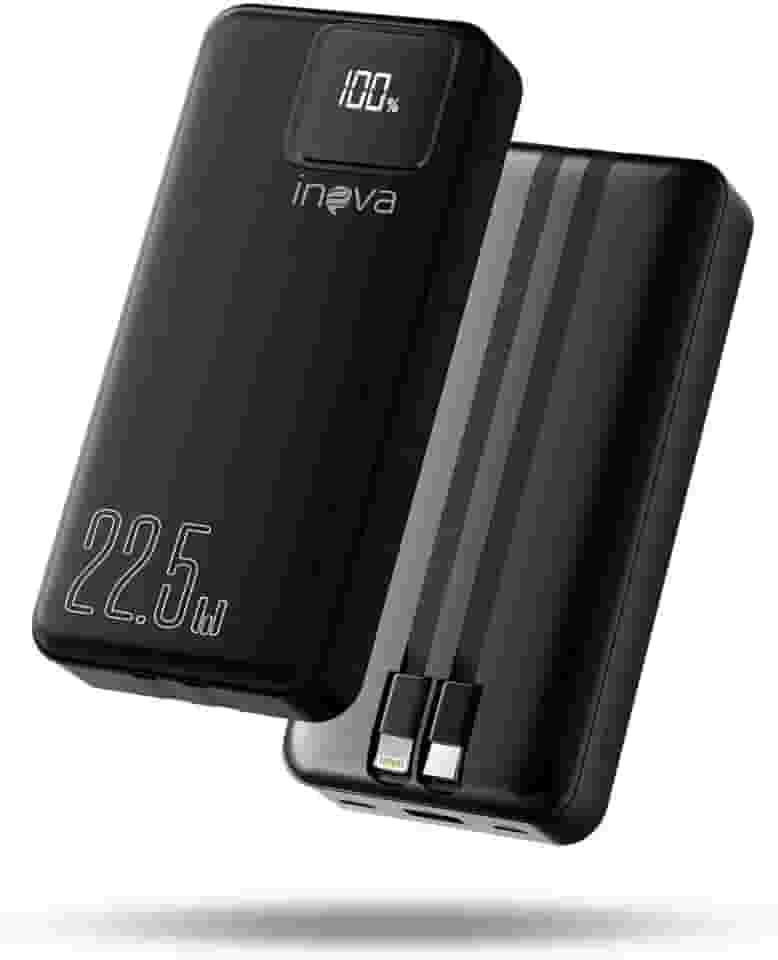 Power Bank com CaboIntegrado, Carregador Portátil de 20000mAh com Carga Rápida, Múltiplas Portas, Design Leve e Proteção Inteligente para Dispositivos iOS e Android/USB/Type-C/Preto(MD-12412)