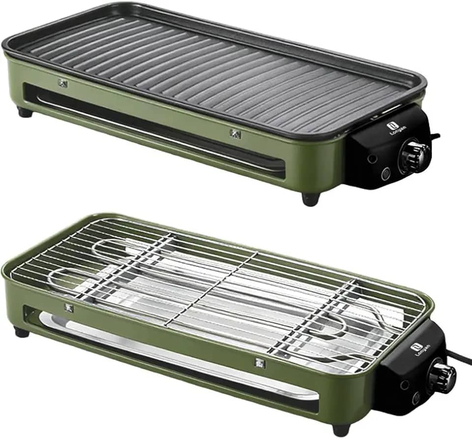 Versátil Churrasqueira Elétrica Portátil 127V Verde Ferro Inox 1500W Alta Potência Desmontável Fácil Limpeza Pouca Fumaça Controle de Temperatura Ótimo Para Casa e Acampamento