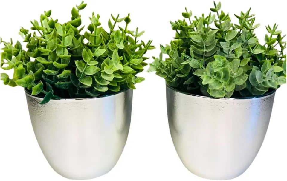 Conjunto de 2 Vasos Decorativos com Plantas Artificiais, Vaso Prateado, Folhagem Verde