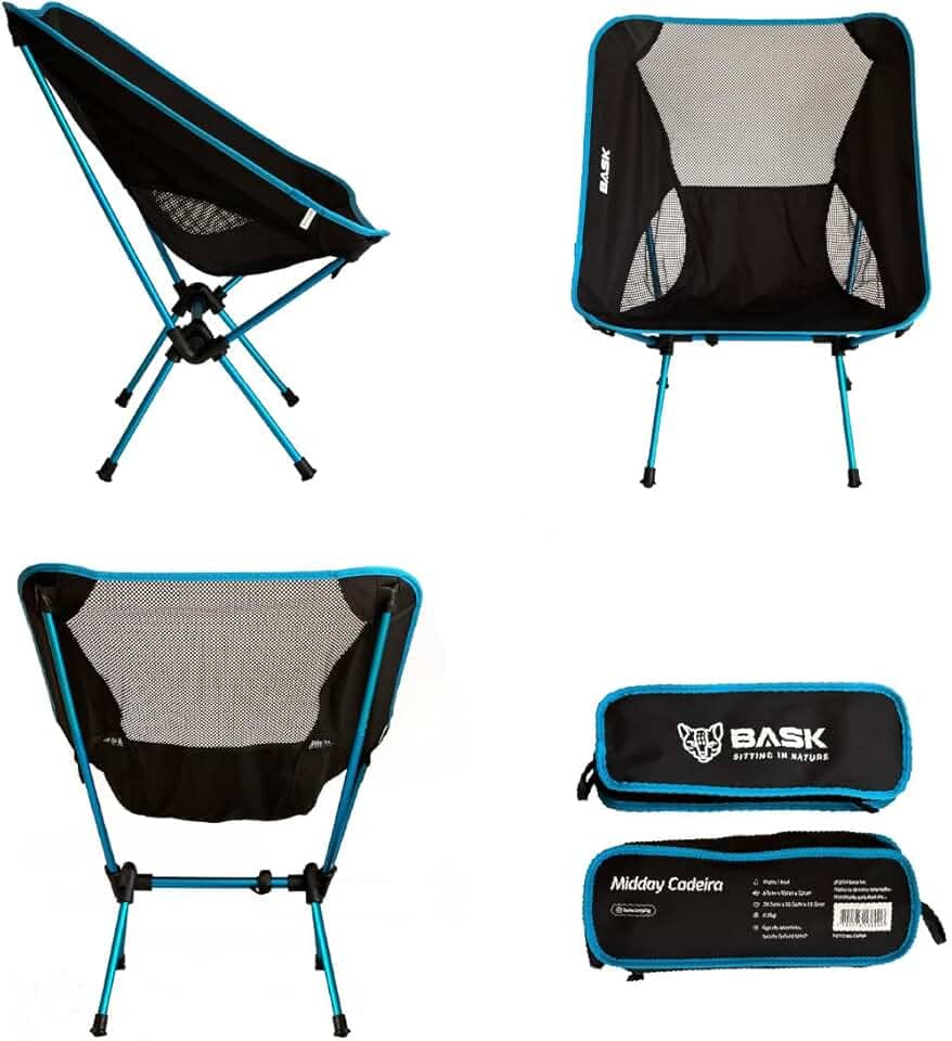 BASK Cadeira Dobrável Ultralight de Alumínio – 1 kg, Compacta 37×13 cm, 150 kg de Capacidade, Portátil para Camping, Praia e Trilhas