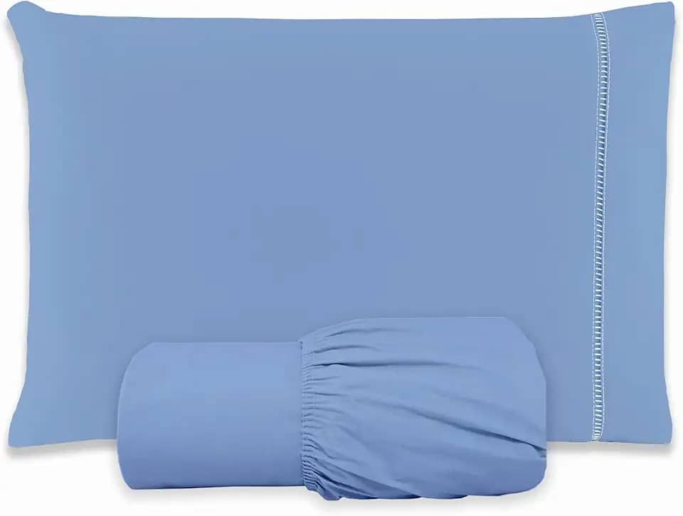 Jogo de Lençol SOLTEIRO 2 Peças 100% Algodão 200 Fios Lençol Com Elastico Lençol e Fronha Com PONTO PALITO (AZUL, SOLTEIRO 2 PEÇAS)