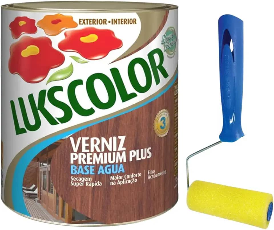 Verniz Base Água 900ml Madeira Lukscolor, Rolinho Espuma 9cm (Brilhante Mogno + Rolinho 9cm)