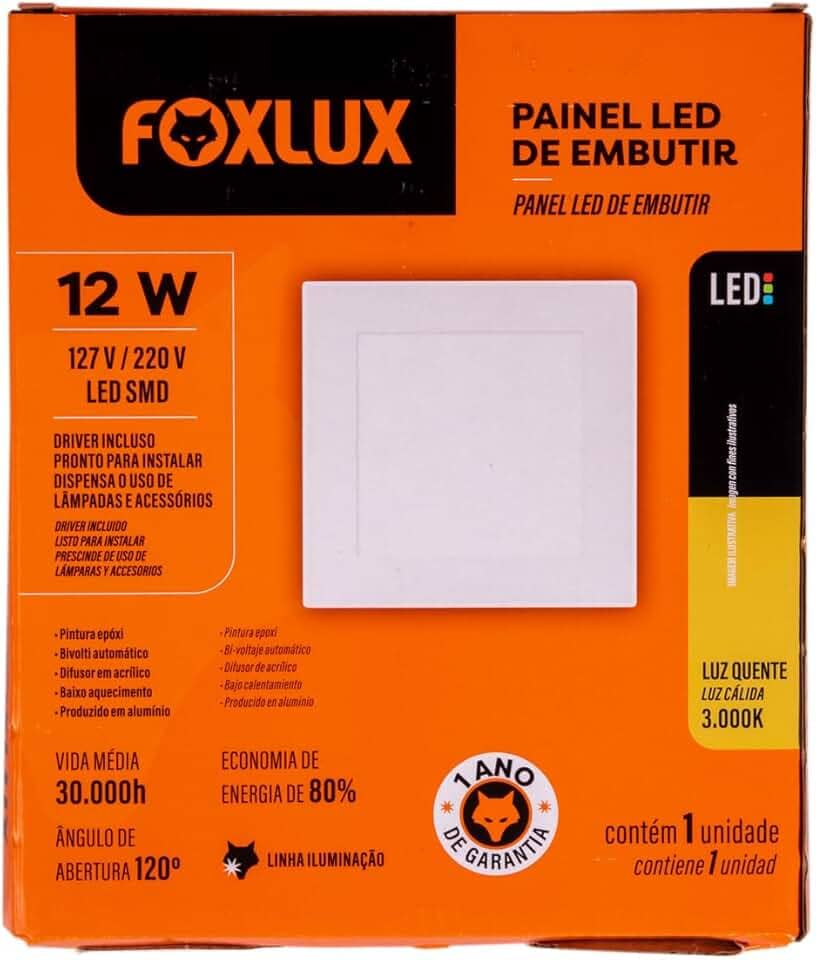 Foxlux Painel LED Quadrado Embutir 12W 3000K Bivolt