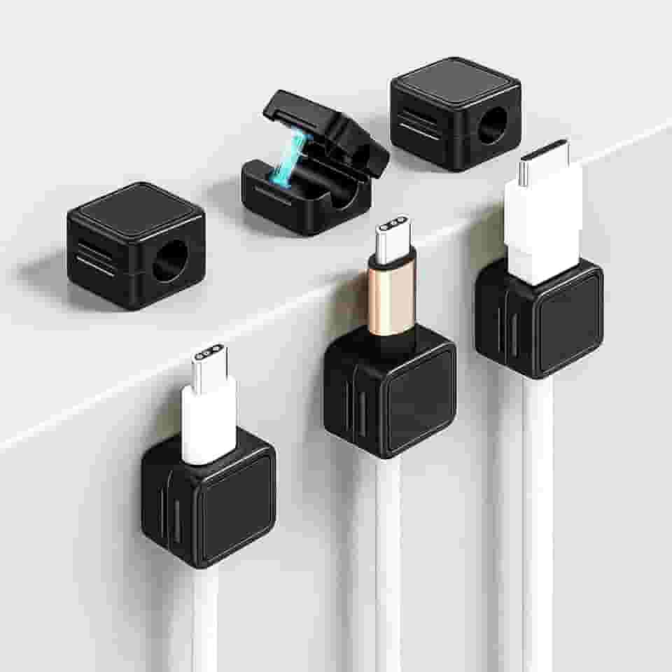 Pacote com 6 organizadores de cabos magnéticos extra fortes – clipes magnéticos de cabo com adesivo para mesa, carro e casa, suporte de cabo universal para carregadores, cabos USB e HDMI - preto