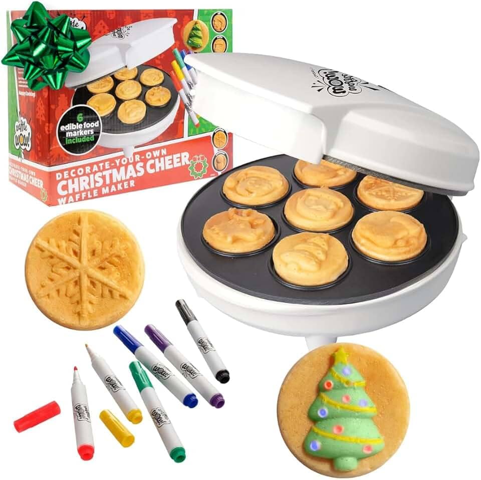 Waffle Maker de Natal com 6 marcadores de comida comestíveis - Faça o café da manhã X-Mas divertido com deliciosas panquecas ou waffles decorados - ferro elétrico antiaderente waffler, artes divertidas e artesanatos atividade de presente familiar para crianças e adultos