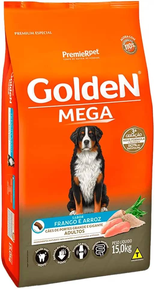 Ração Golden Mega para Cães Adultos de Raças Grandes Sabor Frango e Arroz, 15kg Premier Pet Para Todas Grande Adulto,