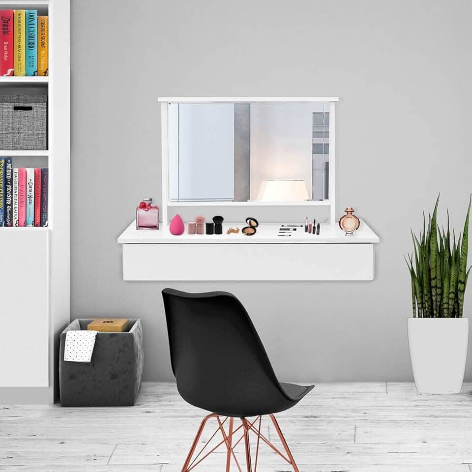 Penteadeira Camarim Suspensa Com Espelho 1 Gaveta Quarto Cor:Branco