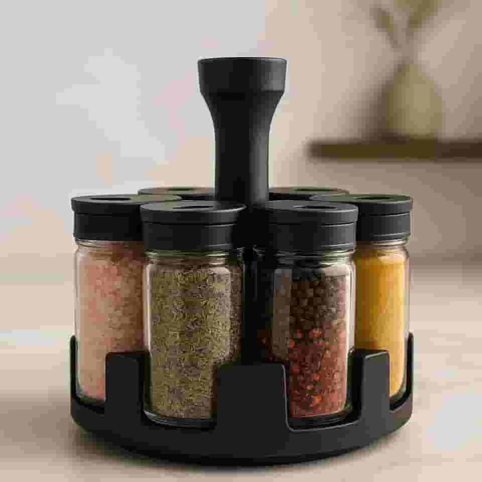 Porta Temperos Giratório 360° com 6 Potes de Vidro – Tampa Dosadora Preta – Linha Premium