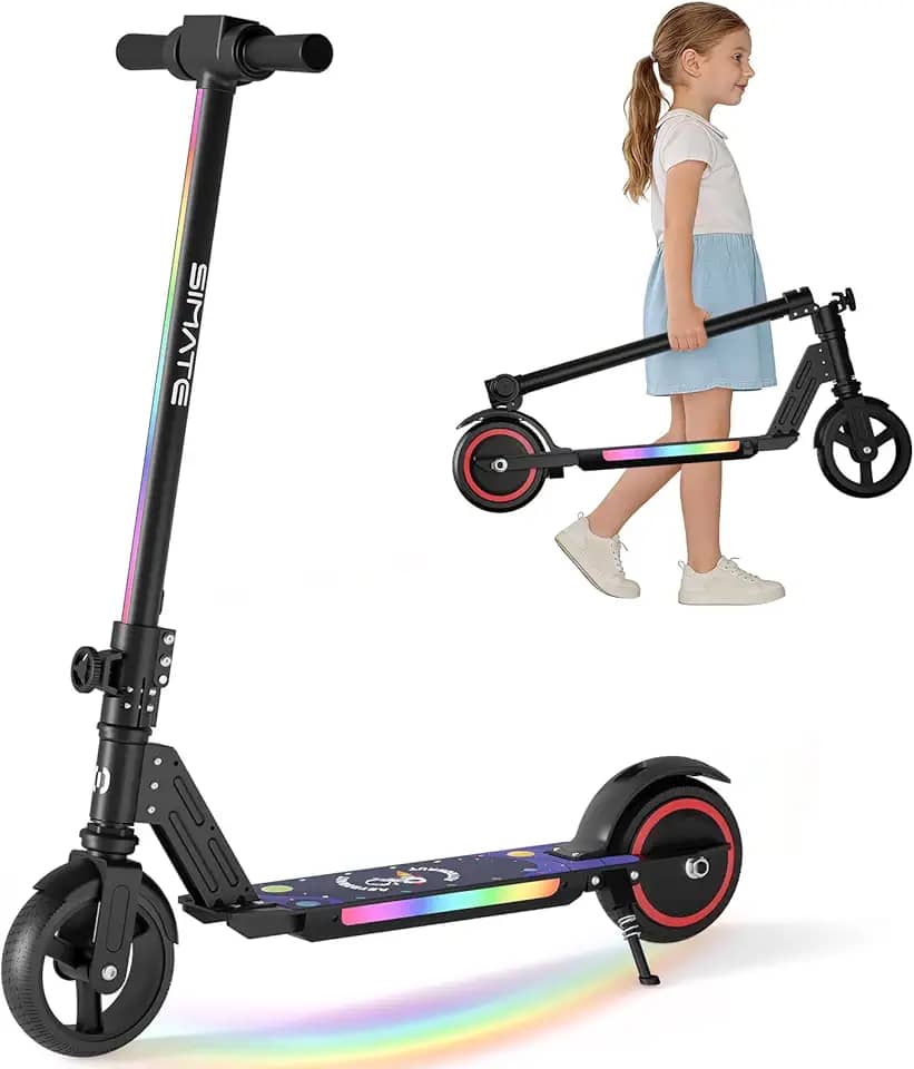 SIMATE Scooter elétrico para crianças, E-Scooters Pro com luz frontal branca e luzes coloridas do corpo, visor de LED e dobrável, potência superior de 130 km por motor de 130 W, presentes para crianças, adolescentes