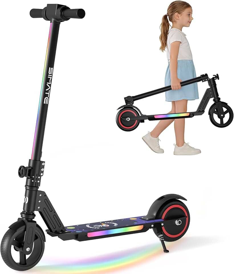 SIMATE Scooter elétrico para crianças, E-Scooters Pro com luz frontal branca e luzes coloridas do corpo, visor de LED e dobrável, potência superior de 130 km por motor de 130 W, presentes para crianças, adolescentes
