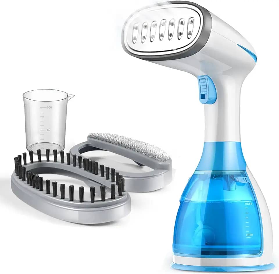 Vaporizador de Roupas,1500W Ferro a Vapor Portatil,Ferro a Vapor com Tanque de Água, Dois Tipos de Escovas e Copos Medidores,para Remoção Rápida de Rugas do Tecido,Ideal para Famílias, Viagens