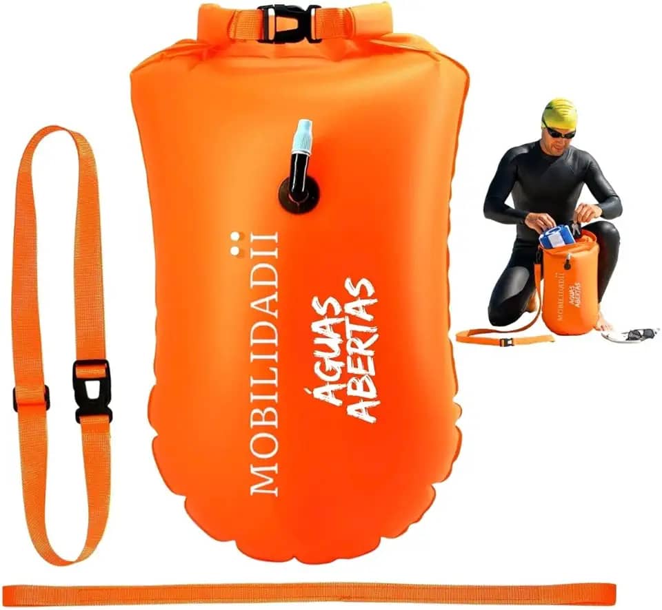 Boia de Sinalização para natação com compartimento estanque Águas Abertas, Laranja, 20L, PVC Resistente à Água, Sistema de Fechamento Hermético, Alças Ajustáveis Mobilidadii