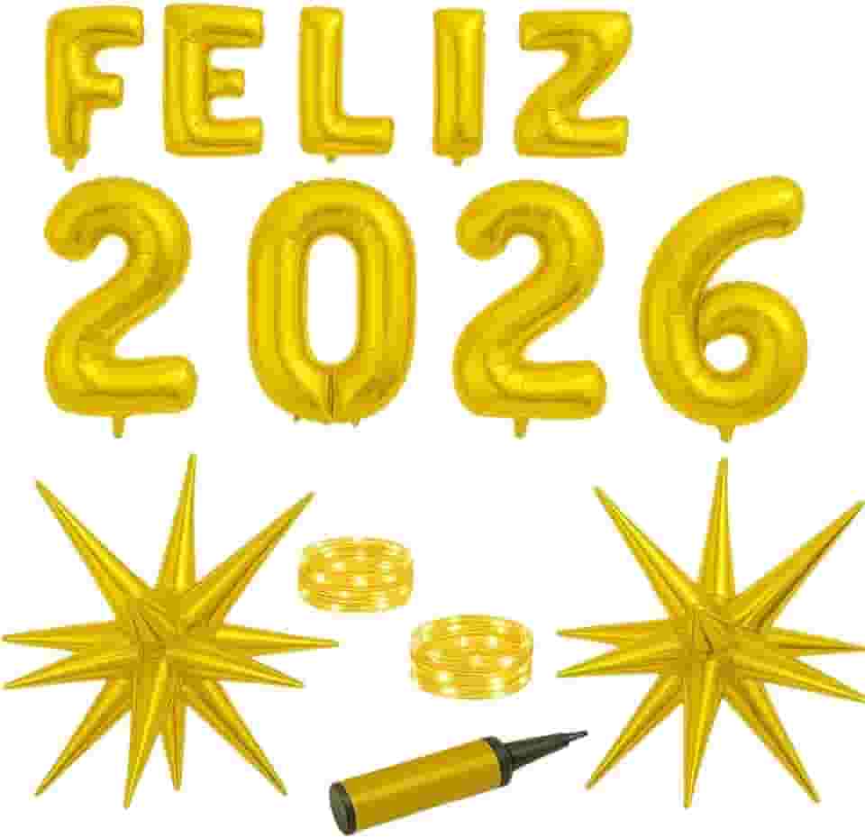 Kit Decoração Réveillon 2023, Balões Metalizados Dourados, Luzes LED 2m, Estrelas 3D, Números Grandes, Conjunto para Festas e Fotos