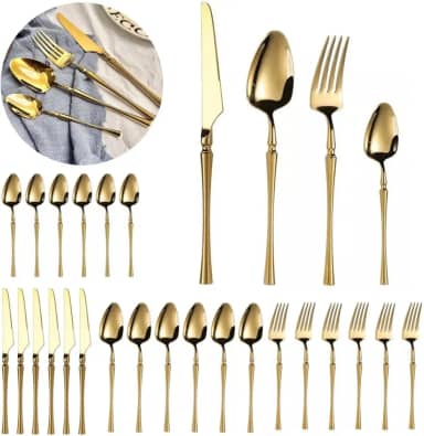 Kit Faqueiro 24 Peças em Aço Inox – Conjunto de Talheres Completo com Facas, Garfos e Colheres - Talheres para Jantar, Uso Diário e Ocasiões Especiais - LealShop (Dourado)